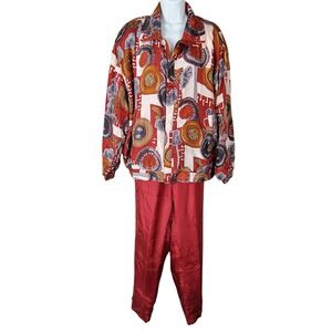 Vintage 90's 100% Silk Tracksuit Set Burgundy Gold Medallion Greek Key Print